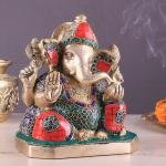 Pure Brass Ganesha with Stonework | 7.5" x 7" x 4" | 3.88 kg | Intricate Stone Inlay | Elegant Sacred Art | Temple Grade | Jaipurio